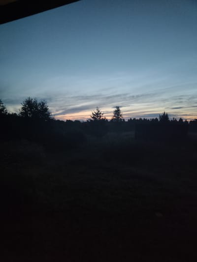 An outdoor, eye-level shot captures a dusky landscape near Talitsa, Russia. The sky transitions from a deep blue at the top to lighter hues of orange and pink near the horizon. Thin, wispy clouds stretch across the sky. Silhouetted against the fading light are the dark shapes of trees and what appears to be a small structure, possibly a shed or outbuilding, in the mid-ground. The foreground is obscured by deep shadow, making details indistinguishable. No people are visible.