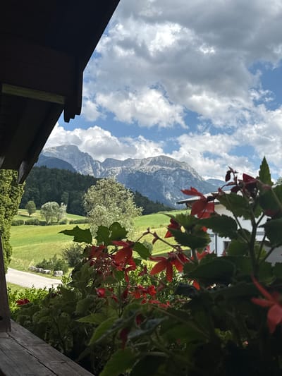 This image captures a scenic view from a balcony in Bischofswiesen, Germany. In the foreground, vibrant red flowers and lush green foliage frame the scene. Beyond the flowers, a pathway winds through a rolling green landscape dotted with trees. In the distance, imposing mountains rise majestically, their peaks partially obscured by fluffy white clouds against a bright blue sky. The wooden railing of the balcony is visible in the lower portion of the frame, suggesting an elevated vantage point. The overall atmosphere is tranquil and picturesque, indicative of a rural or mountainous setting.