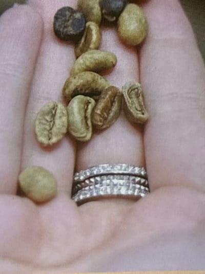 A hand cradles a collection of unroasted coffee beans in varying shades of green and brown, with one dark bean among them. Nestled close to the ring finger, which is adorned with a sparkling silver band of multiple rows, some of the beans are split open, revealing their inner layers. The skin of the hand is smooth and light, providing a contrasting backdrop to the textured beans and shiny ring.