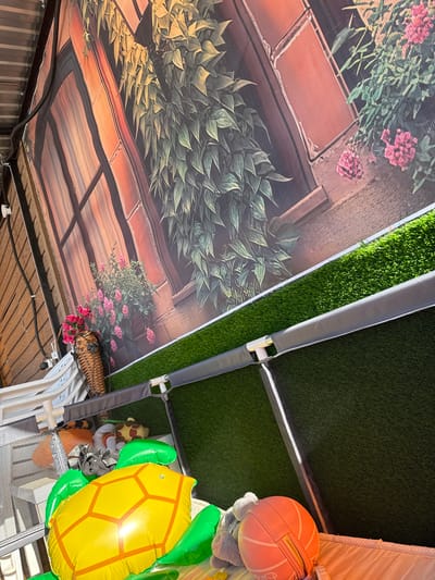 The image shows an indoor or sheltered area with a fabric canopy printed with a trompe-l'oeil design depicting a courtyard with plants and flowers. Adjacent to the canopy is an area covered in artificial turf. In the bottom right corner, there is a mesh basket containing an inflatable turtle and a pink purse that resembles a volleyball. There is no indication of Кипчак, Russia.