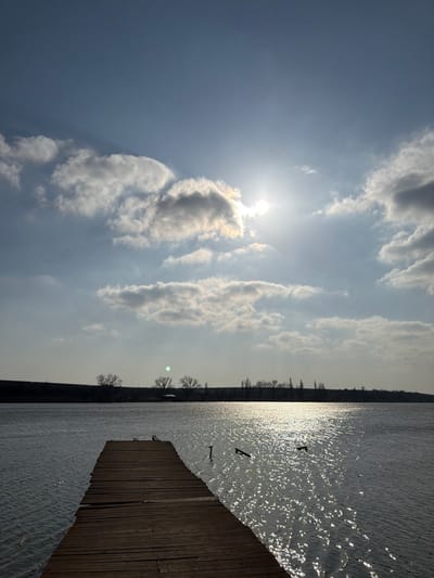 The image displays a waterfront scene in Utash, Russia, viewed from a low perspective. A weathered wooden pier extends from the bottom center into a body of water, angling slightly towards the left. The pier consists of multiple dark, horizontally laid planks. The water surface to the right of the pier shows significant sun glint and ripples. Two dark, slender objects, resembling partially submerged posts or logs, are visible in the water approximately equidistant from the pier. The sky occupies the upper two-thirds of the frame, featuring scattered cumulus clouds. The sun is prominently visible in the upper right quadrant, partially obscured by a cloud, casting bright rays and glare. A distant, low-lying landmass forms the horizon line across the water, appearing as a dark silhouette. This landmass is sparsely populated with silhouetted deciduous trees with bare branches, and a small, indistinct structure, possibly a shelter, is faintly visible among the trees towards the left side of the distant shoreline. No individuals or active subjects are present.