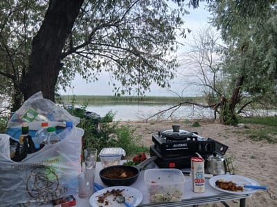 The image depicts an outdoor picnic scene on a sandy bank beside a body of water, likely a lake or river, with reeds visible in the background. The setting appears to be a natural area, possibly on the outskirts of Arna, Kazakhstan, given the context of the request, although the image itself does not contain any explicit visual cues to confirm the location.
In the foreground, a portable camping table is laden with various items associated with a picnic or outdoor meal. On the table, there is a portable gas stove with a pot on top, a metal kettle, a cylindrical container of salt, and plates with food remnants. There are also several plastic food containers, some containing salad and cooked food, along with glasses and a bottle of beverage.
To the left of the table, a large plastic bag is overflowing with more picnic supplies, including bottles and other packaged goods. A pack of cigarettes and a cigarette lighter are also visible on the table.
The background features a tree with dark bark and branches with green foliage, framing the scene on the left. The body of water stretches across the mid-ground, with a line of tall reeds separating it from the bank. The sky is overcast, suggesting a potentially cloudy day. No people are visible in the image, and no actions are depicted other than the arrangement of objects for a meal. The overall impression is one of a quiet, undeveloped natural setting prepared for an outdoor meal.
