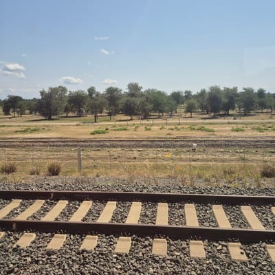 The image captures a clear, sunny day in Mkata Stat, Tanzania, with a focus on a set of parallel train tracks. The foreground is dominated by the gravel ballast and concrete sleepers of the tracks, with two sets of rails visible. Beyond the tracks, a dry, grassy field stretches out, dotted with low-lying vegetation. A wire fence with metal posts runs parallel to the tracks in the mid-ground. Further back, a line of trees forms a dense canopy against the horizon, with more sparse vegetation and a dusty path visible between the fence and the trees. The sky is a bright, pale blue with a few scattered white clouds. The scene appears tranquil and devoid of human presence or activity.