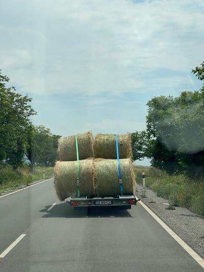 The image displays a rural road scene in Karnare, Plovdiv Province, Bulgaria, viewed from inside a vehicle looking forward. A silver-grey utility trailer is observed from the rear, traveling away on a paved asphalt road. The trailer is loaded with four large, cylindrical bales of hay, stacked two horizontally on the trailer bed and two directly on top. These bales are secured by one green and one blue ratchet strap. The trailer's rear features a Bulgarian license plate, "CB 4884 EA", and unlit red triangular reflectors and tail lights. The asphalt road has a solid white line on the right shoulder and a dashed white line on the left. Both sides of the road are flanked by gravel verges, transitioning into dense green deciduous trees and wild vegetation, including scattered red poppies. White and red reflective road marker posts are visible on both verges. The sky above is light blue with scattered white, diffuse clouds. No individuals are present in the scene.