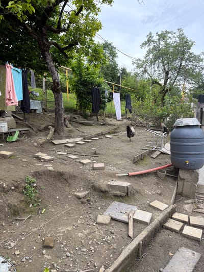 The image depicts a backyard in what appears to be a rural or semi-rural area. Two chickens are standing on a metal folding chair below a large gray water tank. A clothesline is strung between trees, with various garments hanging to dry. Concrete pavers are scattered on the dirt ground, along with some wood debris. The tree on the left has clothing hanging from it as well. A red garden hose is near the water tank. The sky is overcast. There is no definitive information in the image confirming the location as Galitsyno, Russia.
