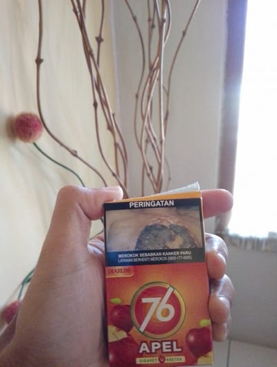 A hand is holding an opened pack of Djarum 76 Apel 12 Kretek cigarettes. The pack is orange with a red circular logo displaying the number 76 in white. The text "APEL" is visible below the logo, along with "SIGARET 12 KRETEK". Above the "76" logo, in black text on a dark blue band, it says "PERINGATAN" (WARNING) and "MEROKOK SEBABKAN KANKER PARU LAYANAN BERHENTI MEROKOK (0800-177-6565)" (SMOKING CAUSES LUNG CANCER SMOKING CESSATION SERVICE (0800-177-6565)). The image of a diseased lung is partially visible on the pack. In the background, thin, dried branches of a plant are visible against a light-colored wall. A blurry, pink spherical object is in the upper left background. The scene appears to be indoors, possibly in a residential setting. No specific location within Sukamanah, Indonesia is identifiable.