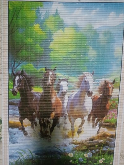 The image is a close-up shot of a decorative screen, likely a bamboo blind, featuring a vibrant painting of a herd of horses running through a shallow body of water. The scene depicts five horses: four in the foreground and one slightly behind. The horses vary in color, from dark brown and bay to white and a light greyish-blue. Their manes are flowing, suggesting movement and speed. The water is depicted with splashes and ripples, indicating they are actively running through it.
The background is a stylized landscape with lush green trees, some with yellow foliage, under a bright, hazy blue sky with hints of white clouds. The trees suggest a forest or wooded area. The ground where the horses are running appears to be a stream or riverbed, with some rocks and debris. In the lower right corner, there are colorful wildflowers in shades of pink and purple, adding to the pastoral and lively feel of the scene.
The overall impression is one of freedom, energy, and natural beauty. The lighting suggests a bright, possibly sunny day, with no specific indications of weather conditions beyond a generally pleasant atmosphere. The artwork is rendered in a painterly style, with broad strokes of color and a slightly impressionistic feel, particularly in the background. The horizontal lines of the bamboo screen are visible throughout the image, creating a textured effect over the painting. There is no visible text in the image. The context of Atbasar, Kazakhstan, would imply a natural, open landscape, which aligns with the depicted scene.