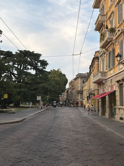 The image captures a street scene in Parma, Italy, oriented sideways. A row of pale yellow buildings with ornate architectural details lines the left side of the street, featuring balconies and multiple windows with shutters. A red awning extends from one of the buildings. A large, dense evergreen tree with drooping branches dominates the lower left portion of the frame, obscuring part of the sky. Power lines crisscross the sky above the tree.
The street itself is paved with dark cobblestones laid in a diamond pattern. Several people are walking along the sidewalk in the distance, suggesting a leisurely daytime activity. There are glimpses of cafes or shops along the buildings. The sky is a pale, overcast blue, indicating a cloudy or hazy day. The overall impression is of a quiet, European urban environment. No discernible text is visible in the image. The time of day appears to be daytime, possibly late afternoon.