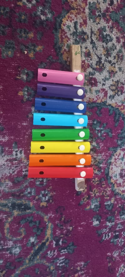 A xylophone with eight colored bars rests on a patterned rug. The bars are, from top to bottom, pink, purple, blue, light blue, green, yellow, orange, and red. Each bar has a small white knob on the right side. A wooden striker rests on the top bar. The rug is primarily dark red with a pattern of teal, yellow, and white. The image is taken from a top-down perspective. This scene is located in Sevan, Armenia.