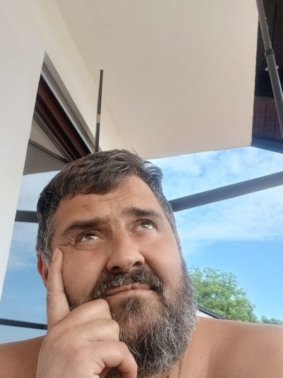 This is a vertically oriented, close-up, selfie-style photograph of a man with a beard and graying hair. He is looking towards the camera with his left hand touching his forehead, near his eye. His expression appears thoughtful or contemplative. The man is positioned in the foreground, and his face is the primary focus.
Behind the man, the background includes a clear blue sky with some wispy white clouds, suggesting it is daytime and the weather is fair. There are also some hints of green foliage from trees, further indicating an outdoor or semi-outdoor setting. In the upper portion of the image, there are architectural elements that appear to be part of a building or structure, with a combination of white and darker, possibly wooden, surfaces. A thin metal pole runs diagonally across the scene.
There is no visible text in the image. The lighting suggests it is daytime, and the clear sky implies pleasant weather. The setting seems to be an open area, possibly a patio, balcony, or a similar space with a view of the sky and some greenery, located in Pfarrkirchen, Germany.