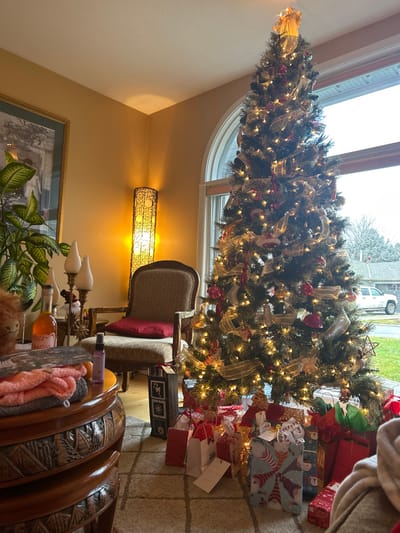 A decorated Christmas tree stands by a window, surrounded by wrapped gifts in various colors and patterns. The tree is adorned with lights, red ornaments, and gold ribbons. A vintage armchair with a red pillow sits nearby. A floor lamp provides ambient lighting. In the foreground, a carved wooden table holds decorative items including candles, a plant, and a plush animal. A framed picture hangs on the wall.