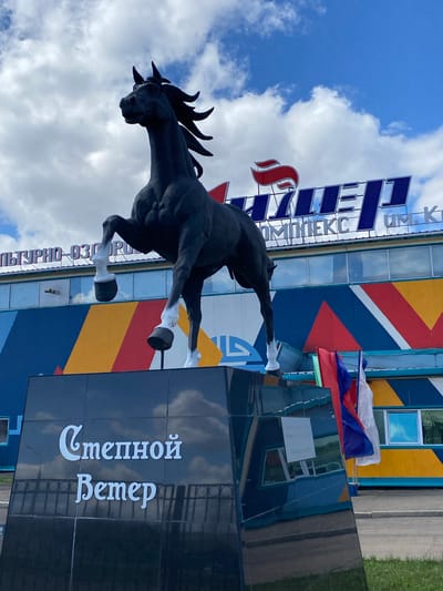 The image depicts a black horse sculpture in front of a building in Ust-Ordynsky, Russia. The sculpture is of a horse rearing up on its hind legs. The base of the sculpture is black and contains the inscription "Степной Ветер" in white Cyrillic letters. The building in the background has a colorful facade with diagonal stripes of red, yellow, and blue, and a sign in Cyrillic above. The Russian flag is displayed near the building. The sky above is blue with white clouds.