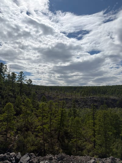 The image shows a dense coniferous forest with a rocky, barren landscape in the background. The sky is partly cloudy with dramatic white and gray clouds against a blue sky. The forest is composed of numerous tall, slender pine trees with dark green needles. The foreground features a scattering of large, dark gray rocks and boulders. In the middle ground, the terrain slopes upwards, revealing a darker, more rugged area with some dead trees visible amongst the live ones, suggesting a past disturbance like a fire or volcanic activity. The overall scene is one of rugged, natural beauty. The location is identified as Anavgai, Russia. There are no people or animals visible in the image.