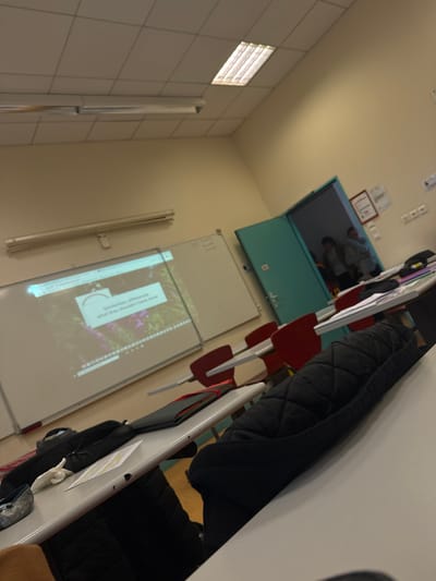 The image depicts the interior of a classroom or lecture hall in Albi, France, observed from a low angle at a desk. The room features cream-colored walls and a white acoustic tile drop ceiling with active fluorescent lighting fixtures. On the far wall, two whiteboards are visible. The left whiteboard displays a projected digital presentation featuring the text "Similarities, differences what they shouldn't have done" against a background image of purple flowers, with a red circular progress icon overlaid. The right whiteboard is largely blank.
Multiple light-colored student desks with attached red chairs are arranged in rows, receding into the background. A teal-colored door is partially open on the right side of the frame, revealing a narrow section of a hallway and three indistinct human figures standing or moving within it.
In the immediate foreground, on a desk to the right, rests a black quilted jacket or bag. On a desk to the left, a black bag, a pair of silver-colored ballet flats or similar shoes, a black binder/folder, and several papers (one yellow, one white) are present.