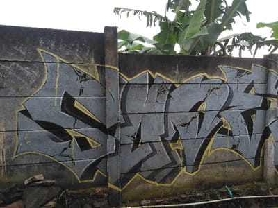 The image displays a weathered concrete boundary wall in Hafjell, Norway, extensively covered with graffiti art. The wall is constructed from segmented grey concrete panels, exhibiting visible horizontal seams and a central vertical concrete support pillar that divides the artwork. The graffiti, rendered in a stylized block or bubble letter font, predominantly features a grey/silver fill with stark black outlines and yellow highlights/drop shadows. The letters are stylized with painted cracks, creating a distressed or shattered visual effect, and appear to spell "SMASH".

The concrete surface of the wall shows signs of weathering, including dirt and grime accumulation, particularly near the base. Above the wall, dense, large-leafed green vegetation, consistent with banana plants, is clearly visible, extending upwards against an overcast bright white sky. Below the wall, the immediate foreground consists of dark soil, scattered rocks, and sparse green foliage. A light-colored pipe or conduit runs horizontally along the base of the wall, with a piece of green material, possibly netting or rope, visible nearby. There are no individuals, actions, or direct interactions depicted in the scene.