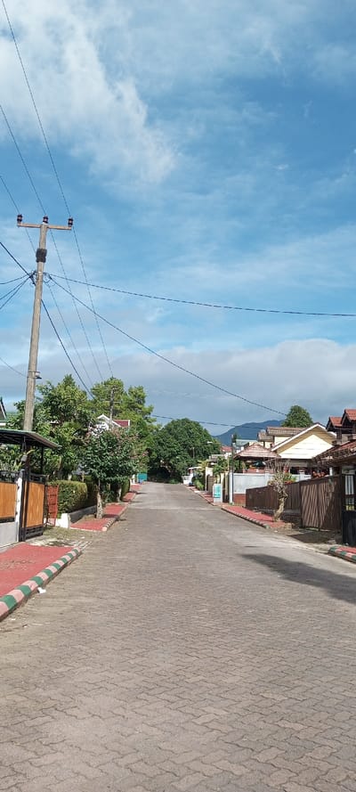 A paved road stretches ahead, flanked by residential properties with fences and greenery. The sky is a mix of blue and clouds. Utility poles line the left side of the street, carrying electrical wires. Some trees line the road, adding shade and visual interest. The paving is made of grey brick-like tiles. The curbs are painted with a red, green, and white pattern. Distant mountains are visible in the background.