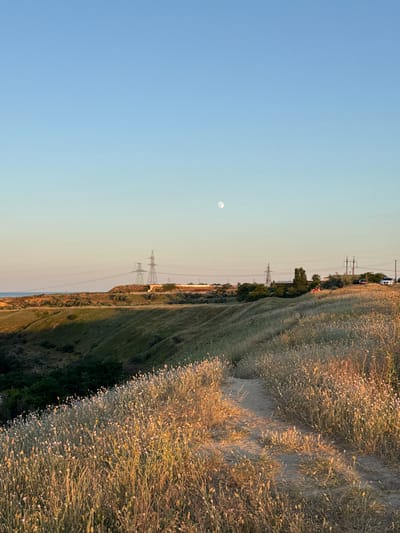 A vertical, medium shot captures a sunlit hillside in Mizhlymanske, Ukraine. The foreground is dominated by a dirt path winding through dry, golden grasses dotted with small, pink and yellow wildflowers. The hillside slopes gently upwards, transitioning into darker green vegetation and then a more barren, ochre-colored cliff face in the midground. Beyond the cliffs, a vast expanse of water, likely the sea, is visible under a clear, pale blue sky that fades to a soft yellow near the horizon. Several industrial structures, including tall, lattice-like electricity pylons, punctuate the landscape on the plateau above the cliffs. Two white cars and a red vehicle are parked near these structures, and a few trees are scattered amongst them. The moon is faintly visible in the upper portion of the sky. The overall impression is one of a natural, rural landscape under the warm light of late afternoon or early evening.