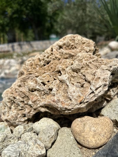 A close-up, low-angle outdoor photograph captures a cluster of textured, tan and gray rocks under natural sunlight. In the foreground, a large, porous, tan rock dominates the frame, its surface pitted with numerous small holes and crevices, revealing layers of lighter and darker mineral deposits. Below and to the right of this large rock, a smaller, heart-shaped, tan rock rests. The background is softly blurred, showing more rocks and a hint of greenery, likely trees and foliage, suggesting a natural setting. The ground appears to be a mixture of sand and small gravel. The overall scene is static, with no visible human activity or interaction. The image does not provide any specific details that would indicate its location within the city of Sklave, Bulgaria, or any other specific geographic locale.
