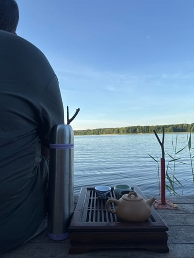 This media file depicts a serene outdoor setting, likely by a body of water, possibly a lake or river, given the presence of reeds and the calm water surface. The scene is set on a wooden dock or platform. A person, seen from the back with dark hair, is seated and wearing a dark gray t-shirt.
In the foreground, a silver thermos with a purple band rests on the person's lap. To the right, on a dark wooden tray, is a traditional Chinese tea set. This includes a beige ceramic teapot with a pointed spout and handle, and two teacups – one a pale green and the other with a blue and white pattern. A small forked twig, possibly used for tea ceremony purposes, is also visible near the thermos.
The time of day appears to be late afternoon or early evening, as suggested by the soft, clear blue sky with a few wispy clouds and the gentle light reflecting on the water. The weather seems pleasant and calm. The background shows a dense line of trees along the far bank of the water.
The overall mood is one of tranquility and peacefulness, emphasizing a moment of quiet contemplation or relaxation with a tea ceremony by the water. No visible text is present in the media file.