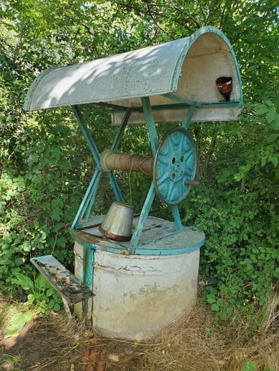 A weathered, concrete well with a teal-painted metal frame and a curved metal roof stands amidst lush green foliage. A rusty metal bucket rests on the well's rim, and a teal crank mechanism with a large wheel is attached to the frame. A metal plank extends from the side of the well. A brown bottle is visible inside the well's roof structure. The ground around the well is covered in dry grass and fallen leaves. The image appears to be taken in an outdoor, possibly rural, setting. The context provided states the location is Konstantinovka, Moldova.