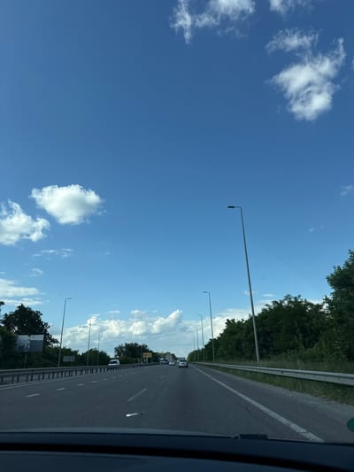 The image shows a view from a vehicle traveling on a highway. The highway is paved and has white lines marking the lanes. A metal guardrail runs along the side of the road, separating it from a grassy verge and a line of trees. Several lampposts are visible along the highway. In the distance, other vehicles can be seen on the road.

The sky is a clear blue with scattered white clouds. The sun is shining, suggesting it is daytime, likely late morning or afternoon. The trees lining the highway are green and full, indicating a warm season.

The image appears to be taken from the passenger seat of a car, as the side of the car is visible on the right edge of the frame. The perspective is slightly tilted, as if the camera is held at an angle. There is no visible text in the image. The scene suggests a typical drive on a highway, with the open road and the natural landscape providing the backdrop. The overall impression is one of travel and movement.