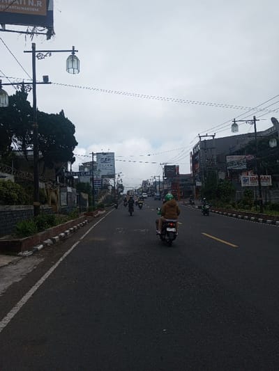 The image displays a straight-on, eye-level view of a multi-lane asphalt road in Thotagamuwa, Sri Lanka, observed under an overcast sky with diffused daylight. The road surface is dark grey and dry, marked by a solid white line on the left shoulder and a dashed yellow center line.
In the mid-ground, a dark-colored motorcycle with two occupants travels away from the viewer. The rear passenger wears a brown puffer jacket and light-colored pants. The driver, obscured by the passenger, wears a green helmet. Multiple additional motorcycles and several cars are visible further down the road, all proceeding in the same direction.
Both sides of the roadway are flanked by raised concrete planter boxes containing low green vegetation, separating the road from adjacent properties. Ornate black street light poles, each fitted with two clear lantern-style lamps, stand at regular intervals along both sides; these lamps are not illuminated. Overhead, numerous black utility lines and cables crisscross the scene.
On the left side of the street, multi-story buildings are partially visible behind evergreen trees and a barbed-wire-topped fence. Several advertising billboards are present, displaying text including "PATI N.R", "AKSI PARTAI NASDEM", "BIARA St CLARA", and "CLITE PVC". The right side of the street also features various multi-story buildings, with signage including "IDAMAN HOTEL".