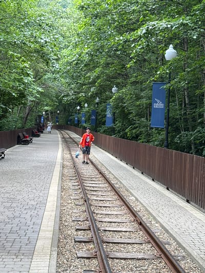 The image depicts a scenic view of a train track pathway alongside a wooden fence, bordered by lush green trees. A young boy, wearing an orange jacket and shorts, stands on the train tracks, holding a blue object. In the background, a woman in a white dress walks on the paved path. Several benches are visible along the path, and blue banners with white lettering hang from lampposts. The location is identified as Guamka, Russia. The scene appears tranquil and captures a moment of outdoor leisure activity.