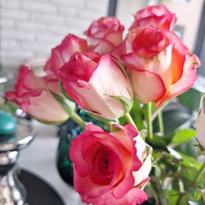 A close-up, shallow depth-of-field shot features a bouquet of pink and white roses, some fully bloomed and others in bud. The roses exhibit a gradient of color, with deep pink edges fading into soft white centers, highlighting the delicate texture of their petals. Green leaves and stems are visible throughout the arrangement, adding contrast. In the background, a light-colored, textured surface, possibly a wall or brickwork, is out of focus. The overall lighting suggests daytime, with soft, natural light illuminating the flowers. The scene appears to be indoors, possibly on a table or shelf, with hints of other objects and a blurred green sphere in the lower right corner, suggesting a domestic or decorative setting. There is no visible text.