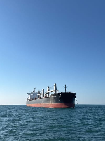 A ship, identified as the SSI TRIUMPH, is positioned in the sea, presumably off the coast of Marina di Ravenna, Italy, given the context. The vessel's hull is visible, with cranes along its length. The sea is to the right, characterized by choppy waves. Above the ship is a clear, blue sky.