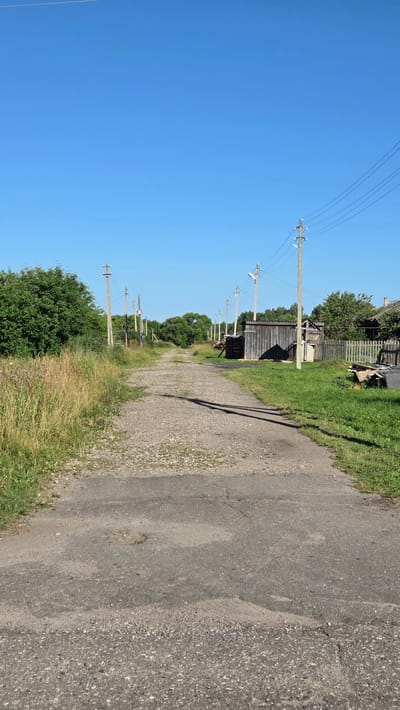 The image depicts a straight, rural asphalt road in Zarubino, Russia, under a clear blue sky. The road is in poor condition, with visible cracks and gravel patches. On either side of the road, tall, dry grass and green foliage are present. Numerous wooden utility poles with electrical wires run along the left side of the road, extending into the distance. On the right side of the road, a weathered wooden shed stands adjacent to a wooden fence. Piles of lumber and debris are visible near the shed and fence. The scene is devoid of any people or vehicles, suggesting a quiet, uninhabited moment. The overall impression is one of a rural road in a state of disrepair.