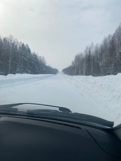 The image displays a snow-covered road in the area of Ошья, Russia, captured from the interior of a vehicle. The foreground shows a black dashboard and two dark windshield wipers resting on the windshield. The road, completely blanketed in white snow, extends straight into the distance, exhibiting visible tire tracks. Substantial banks of snow line both sides of the road. Dense forests border the road, consisting of snow-laden coniferous trees on the left and a mix of snow-covered coniferous and bare deciduous trees on the right. The sky is uniformly overcast and light grey, indicating winter conditions. No people or other vehicles are visible.