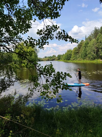 A man stands on a paddleboard in a calm lake, holding a paddle. He is wearing a black t-shirt and black shorts. The paddleboard is blue, white, and orange. Lily pads are visible on the surface of the water. Trees line the far bank of the lake, and the sky is blue with white clouds. The image appears to be taken in a natural setting, possibly a park or nature reserve. The location is specified as Vylytdor, Russia.