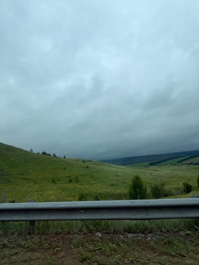 The image shows a rolling green landscape under a cloudy sky. A metal railing runs vertically along the right side of the frame, separating a grassy embankment from the distant hills. The hillside is covered in lush green grass dotted with small yellow flowers, suggesting a meadow or pasture. In the distance, a line of dark green trees forms a border along the horizon, and beyond that, the landscape recedes into a hazy distance. The sky is overcast with shades of gray and white clouds, indicating a cool or possibly rainy day. The overall impression is one of natural beauty and tranquility, with a touch of ruggedness from the railing and embankment. There is no visible text or indication of people or specific activity. The location is identified as Annivka, Russia.