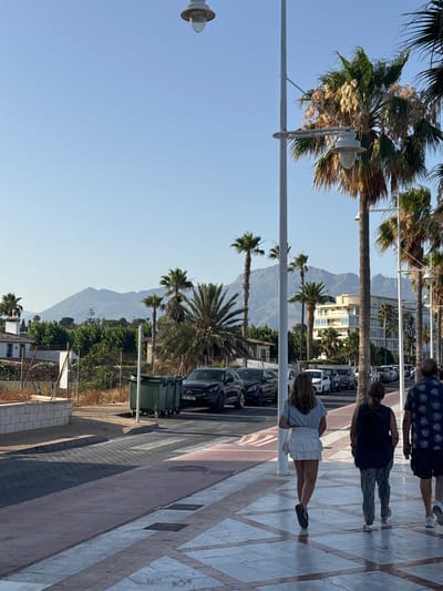 The image depicts a sunny day in Altea, Spain. In the foreground, three individuals are walking away from the camera on a sidewalk. The person on the left, a young female, wears a striped blue and white shirt and a white skirt. The person in the middle, a female, is wearing a dark blue sleeveless top and patterned trousers. The person on the right, a male, is wearing a patterned dark blue shirt and dark shorts.
The sidewalk is paved with large square tiles featuring a geometric pattern of white and grey. It is bordered by a wide red-colored pedestrian crossing leading to the street. The street is lined with parked cars and palm trees. Further back, a large building with a light yellow facade stands amidst more palm trees. In the distance, a range of mountains under a clear blue sky forms the backdrop. Two large green trash bins are visible near the street on the left side of the image.