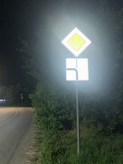 The image shows a street sign at night in Agronom, Russia. The sign consists of two panels mounted on a single pole. The top panel is a diamond shape with a yellow interior and a white border, indicating a main road. Below this, a square panel displays a diagram of a road with a left turn and a straight path, indicating that the main road continues straight and also turns left. The street sign is illuminated by a bright light, possibly from a vehicle's headlights or a nearby streetlight. The road is paved and curves to the left. Lush green foliage and trees surround the sign and the road. The scene is dark, suggesting nighttime conditions. There are no people or vehicles visible in the immediate vicinity of the sign.