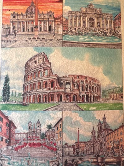The image is a watercolor painting depicting several famous Roman landmarks. The top left shows St. Peter's Basilica with an obelisk in the foreground. The top right features the Trevi Fountain. The central portion of the painting displays the Colosseum. The bottom left depicts the Spanish Steps adorned with red flowers, and the bottom right shows Piazza Navona with its fountains and churches. The painting uses a vibrant color palette with a focus on architectural detail. There is no indication of Ardea, Italy.