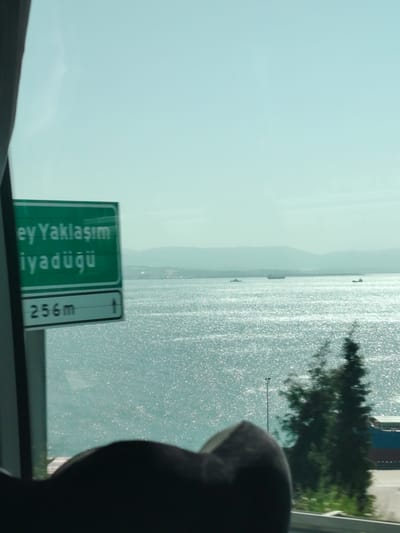 The image captures a bright, hazy daytime scene looking out over a wide body of water, likely the Gulf of Izmit near Dilovası, Turkey, from inside a vehicle. The viewpoint is from a passenger seat, with a dark, blurred object resembling a headrest in the foreground.
On the left, a prominent green road sign with white text is partially visible. The readable text includes "ey Yaklaşım" and "iyadüğu" (likely part of a place name or instruction), followed by "256m" and an upward-pointing arrow, indicating a distance to a destination or turn.
The main subject is the sparkling, turquoise-blue water, which is extensively covered in bright, shimmering reflections of sunlight, suggesting a clear but possibly hazy sky. In the far distance, a soft, hazy coastline with mountains or hills stretches across the horizon. Several vessels, including what appears to be a large cargo ship and smaller boats, are visible on the water.
To the right, some dark green trees or foliage are seen, partially obscuring the view of the water and what could be a part of a port or industrial area, with a large blue structure visible. The sky above is a light, hazy blue. The scene depicts travel, possibly by bus or car, along a road adjacent to the sea or a large bay.