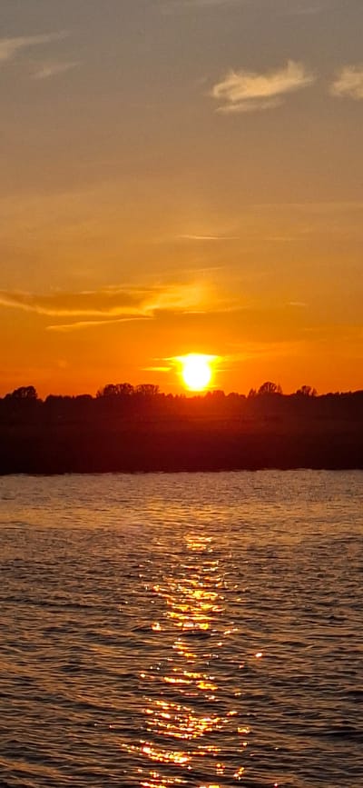 This is a photograph of a sunset over a body of water, likely a lake or sea, with a silhouetted treeline in the background. The sun, a bright orb of white and yellow, is low on the horizon, casting a warm, orange glow across the sky. Wispy clouds are visible in the upper left portion of the image, tinged with the sunset colors. The water on the right side of the frame reflects the sunlight, creating a shimmering pattern of gold and orange light. The treeline, dark and dense, forms a sharp contrast against the vibrant sky. The overall mood is peaceful and serene, evoking the beauty of nature at dusk. The image is oriented vertically.