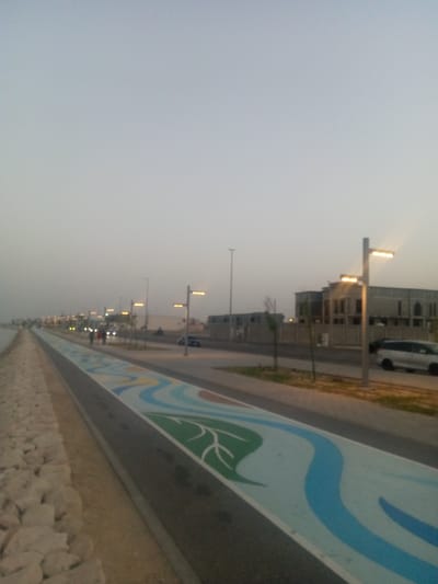 The image depicts a pedestrian walkway in Al Khobar, Saudi Arabia, adjacent to a road and a rocky shoreline. The walkway is painted with a design of blue waves and green leaf-like shapes. Streetlights line the road. Vehicles are parked on the roadside. Buildings under construction are visible in the background. People can be seen walking in the distance. The sky is overcast.