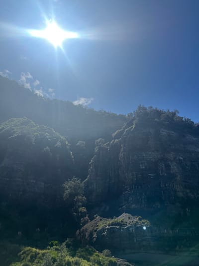The image displays a natural outdoor scene featuring a prominent, vegetated cliff face or escarpment under a clear blue sky, situated within the Wollongong City Council area, Australia. Direct sunlight from the upper-left quadrant creates a significant starburst lens flare and bright atmospheric haze, particularly on the left side.
The sky is predominantly clear blue with scattered wisps of white cloud along the upper ridge line. The geological formations comprise steep, dark grey rock faces exhibiting visible horizontal stratification and vertical erosion patterns. Dense, varied green vegetation, consisting of trees and shrubs, covers the upper sections of the cliffs, fills crevices, and extends into a central ravine. Individual trees are rooted on steep slopes and ledges. The immediate foreground contains a band of lighter green and yellowish scrub and sparse vegetation. No individuals, man-made structures, or artificial objects are visible. The scene is characterized by bright, high-sun illumination.