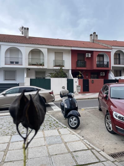 A daytime photograph captures a tranquil street scene in a residential area of Mérida, Spain. Multi-story buildings line the left side of the street, showcasing a mix of white and reddish-brown facades. These structures feature arched balconies, some adorned with wrought iron railings and small plants in planters, and windows equipped with roll-down shutters. Terra cotta tiled roofs with visible chimneys crown the buildings, and air conditioning units are mounted on their exteriors. The number "11" is visible on the entrance of one of the buildings.
The street is paved with asphalt, bordered on the right by a sidewalk made of light grey square cobblestones. Parked on the street are a dark red car, likely an SUV or crossover, and a black Vespa-style scooter. In the immediate foreground, the roof and side of a light-colored car (possibly silver or beige) are visible, mostly obscured by a prominent, dark plant with distinctive, elongated seed pods, which is in sharp focus.
The sky is overcast and cloudy, providing diffused natural light. No people are present, and no specific activity or event is taking place, creating a static, everyday impression of the urban environment.