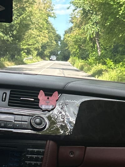 The image shows the interior of a car, looking forward through the windshield. A red dog-shaped air freshener is attached to the air vent. The car is driving on a paved road surrounded by lush green trees. The road curves to the right in the distance. In the far distance, a dark-colored car is visible on the road. The sky is partly cloudy with patches of blue. The dashboard of the car, including air conditioning controls and a radio, is visible in the foreground. The image appears to have been taken on a sunny day. The location is specified as Zvezditsa, Bulgaria.