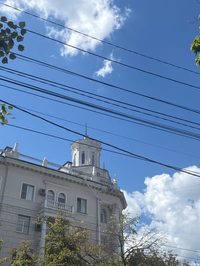 A building in Novaya Usman', Russia is seen from a low angle, with a clear blue sky and white clouds above. Multiple black utility wires crisscross the frame, partially obscuring the view of the building and the sky. The building itself is light-colored, with ornate architectural details, including a rounded tower topped with a spire, a decorative balcony, and classical columns. Green trees are visible in the foreground and around the base of the building. The overall impression is one of a bright, sunny day in an urban or semi-urban setting.