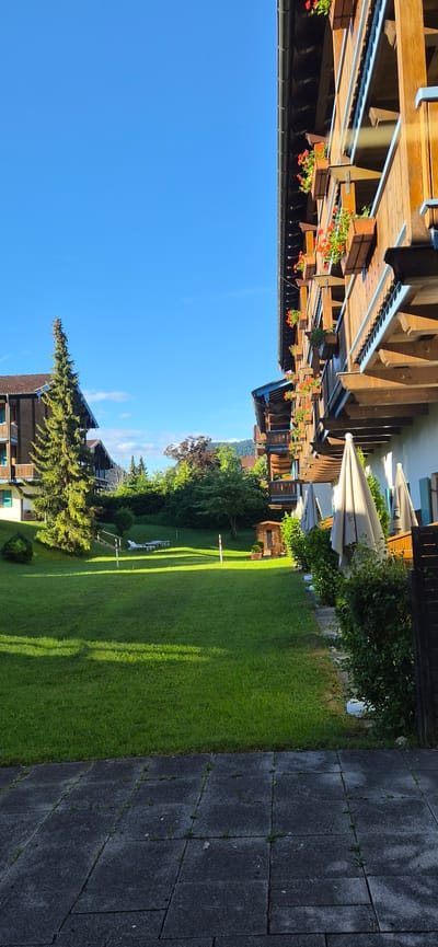 This image captures an outdoor scene in Inzell, Germany, featuring residential or hospitality buildings bordering a landscaped garden. The foreground consists of a dark gray, irregularly tiled patio with sparse vegetation growing between the pavers. Beyond the patio, a meticulously maintained green lawn, illuminated by directional sunlight, stretches into the midground, displaying prominent shadows.

In the midground, two light-colored sun loungers are positioned on the lawn towards the left-center, flanked by several white and red striped marker poles. A small, light brown wooden structure, possibly a shed or playhouse, is visible on the right side of the lawn. A dense line of green bushes borders the right edge of the lawn, separating it from the adjacent building.

The scene includes two multi-story buildings constructed in an Alpine architectural style. The building on the right occupies a significant portion of the frame, featuring light-colored walls and numerous dark brown wooden balconies adorned with flower boxes containing red and green flowering plants. Several large, folded light-colored patio umbrellas are arranged along the base of this building. The roof is dark-tiled with a visible gutter system. A similar, partially visible building stands on the far left, also showcasing wooden balconies and a dark roof.

A tall, slender evergreen conifer tree stands prominently to the left of the left building, casting a long shadow across the lawn. Additional trees and dense foliage form a natural backdrop in the distance, with faint outlines of hills or mountains visible beyond. The sky above is clear and deep blue, with a few scattered white clouds. The strong sunlight and long shadows suggest either early morning or late afternoon. No individuals are present within the frame.