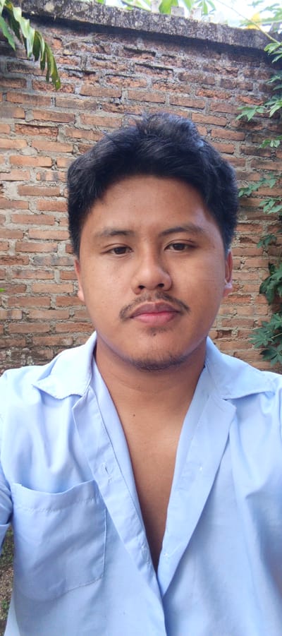 A close-up selfie captures a young adult male against a brick wall. He has dark, tousled hair, a faint mustache, and is wearing an open, light blue collared shirt. The background consists of an aged brick wall with some green foliage and a concrete ledge at the top. The image appears to be taken outdoors.