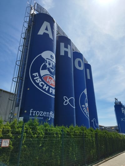 This is a medium-angle, eye-level, outdoor shot of the Iglo fish processing plant, located at the Fischereihafen (Fishery Port) in Bremerhaven, Germany. Dominating the frame are four tall, blue cylindrical silos, painted with large white letters that spell out "A H O I" across their surfaces. On the first silo, a circular logo features a stylized fisherman's face and text that reads "iglo FISCH FRESH". Further down, the text "frozenfish international" is visible. Each silo has a metal ladder running up its side. A metal walkway connects the top of the silos. In the foreground, a dark green, manicured hedge is visible behind a chain-link fence. A small sign with white lettering on a red background is attached to the fence, reading "H 250 5.4 1 0.5 5.5". The sky is a clear blue with some wispy white clouds and the sun is shining brightly. In the far background, another silo, also blue and white, is partially visible.