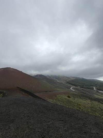 A low-angle shot depicts Mount Etna's terrain on a cloudy day near Nicolosi, Italy. In the foreground, black volcanic rock dominates, transitioning to a lighter, reddish-brown soil further away. The ground slopes upwards, with sparse green vegetation clinging to the dark soil. A winding road cuts through the landscape, disappearing into a forest in the distance. The sky is overcast, filled with dense, gray clouds.