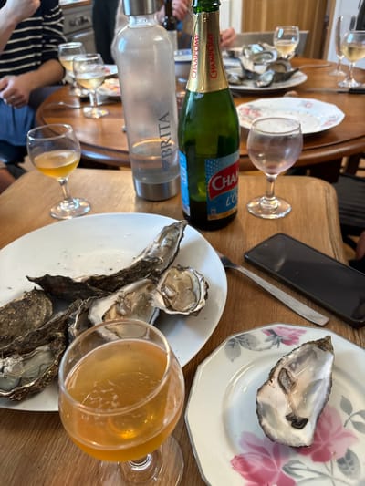 The image captures a dining scene in Romainville, France, presenting a close-up view of a wooden table set for a meal involving oysters. In the immediate foreground on the left, an amber-colored beverage, likely beer, is seen in a stemmed glass. To its right, a white oval plate holds multiple oyster shells, several appearing recently consumed with residual matter. In the mid-ground, a clear Brita water bottle with a silver cap stands alongside a green glass bottle of "Champomy," a non-alcoholic sparkling apple juice, identified by its gold foil top and blue label. A small stemmed glass containing a clear liquid, possibly water, and a black smartphone lying face down next to a silver utensil (possibly an oyster knife or fork) are positioned to the right of the bottles. In the lower right, a smaller, octagonal plate featuring a pink floral design holds a single, open oyster shell. The background reveals a larger, round wooden table with additional blurred elements, including other stemmed glasses containing white wine, plates with oysters, and the partial figures of diners, notably an individual wearing a striped shirt on the far left, indicating a social gathering.