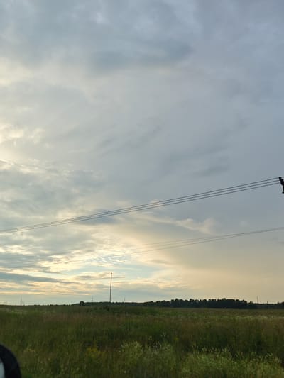 The image depicts a rural landscape near Khlevino, Russia, under a cloudy sky. The foreground is dominated by a field of green grass with scattered wildflowers. In the middle ground, a line of trees forms a dark horizon. Several utility poles and electrical wires traverse the scene, with one pole clearly visible on the right side, supporting multiple wires. In the far distance, more utility structures are discernible. The sky is filled with layered clouds, with patches of lighter sky suggesting the presence of the sun breaking through. The overall impression is one of a natural setting with man-made infrastructure.
