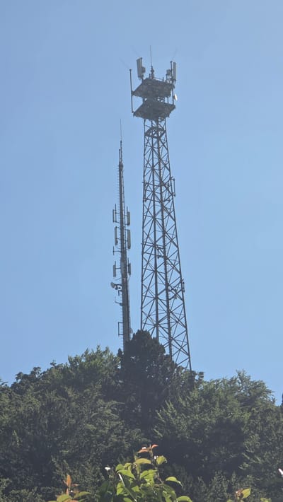 The image shows two cell phone towers situated on a wooded hill. The tower on the right is a large lattice tower with multiple platforms and antennas. The tower on the left is a narrower, pole-like structure also equipped with antennas. Lush green trees and foliage cover the hillside, with the towers rising above the canopy. The sky is a clear, bright blue. This scene is located in Albstadt, Germany.